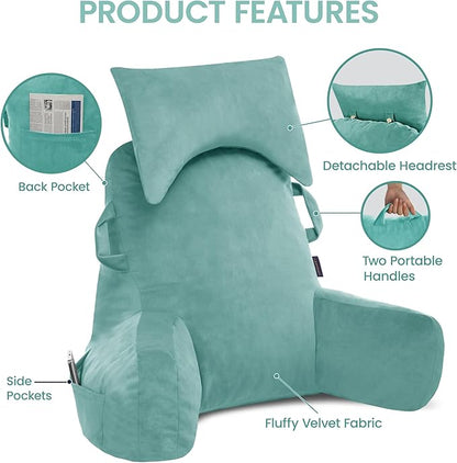 Portable Reading Pillows with Headrest for Bed Sitting Up(Lake Blue Oeko-Tex), Velvet Back Pillow with Arms & Pockets for Adults, Support Memory Foam Bed Pillow for Dorm/Watching/Gaming