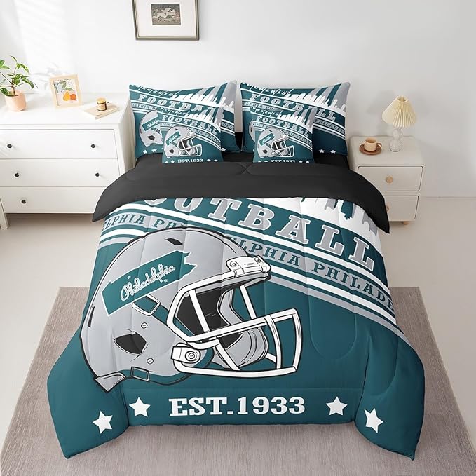 Erosebridal Kids Football Sports Seasonal Comforter Set, Sports Fans Gifts, Football Comforter + Flat Sheet + Fitted Sheet + 2 Pillowcases + 2 Throw Pillow Covers, King