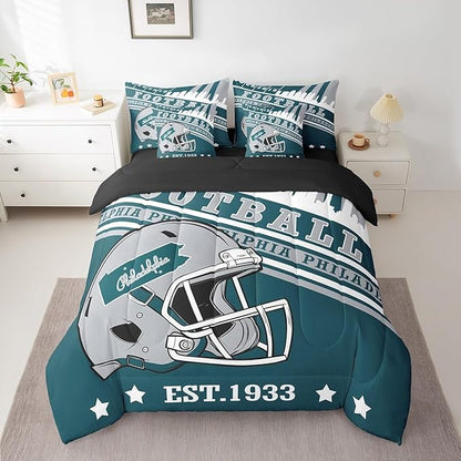 Erosebridal Kids Football Sports Seasonal Comforter Set, Sports Fans Gifts, Football Comforter + Flat Sheet + Fitted Sheet + 2 Pillowcases + 2 Throw Pillow Covers, Queen
