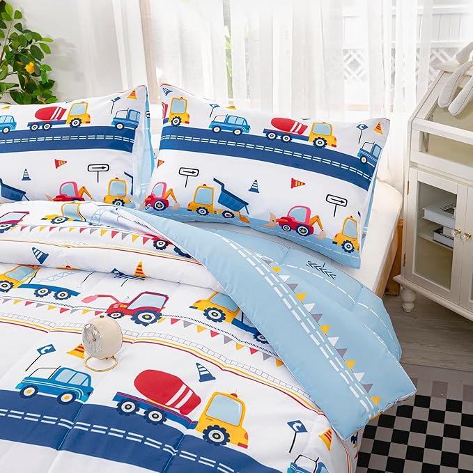 Axolotl Cartoon Cars Comforter Set Queen,Vehicle Bedding Set,Kids Excavator Comforter Set,Construction Bedding Equipment Trucks Comforter Sets for Kids Boys Girls Teens,1 Quilt 2 Pillowcases,Blue Red