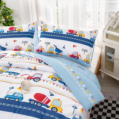Axolotl Cartoon Cars Comforter Set Queen,Vehicle Bedding Set,Kids Excavator Comforter Set,Construction Bedding Equipment Trucks Comforter Sets for Kids Boys Girls Teens,1 Quilt 2 Pillowcases,Blue Red
