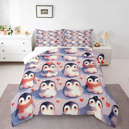 Cute Penguin Comforter Set Twin Size for Kids Geometric Love Heart Bedding Sets All Season Kawaii Wildlife Animal Quilt Set Bedroom Decor Cartoon Penguins Down Comforter,2Pcs