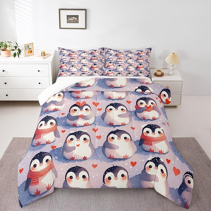 Cute Penguin Comforter Set Queen Size for Kids Geometric Love Heart Bedding Sets All Season Kawaii Wildlife Animal Quilt Set Bedroom Decor Cartoon Penguins Down Comforter,3Pcs