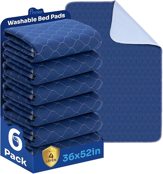 Hide Stains Bed Pads Washable Waterproof for Incontinence, 4-Layer Absorbency Pee Pads, Washable Underpad, Bed Wetting Pad for Elderly, Adults, Pets, 36"x52"-6 Pack, Navy Blue