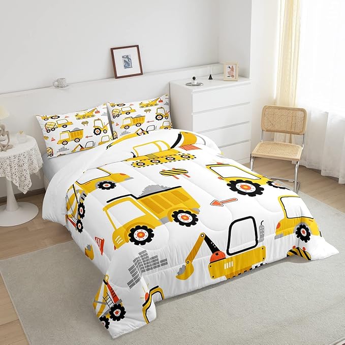 Feelyou Cartoon Car Comforter Set Kids Construction Comforter for Boys Equipment Trucks Bedding Set Breathable Cartoon Yellow Car Excavator Tractor Duvet Set Room Decor Quilt Set Full Size
