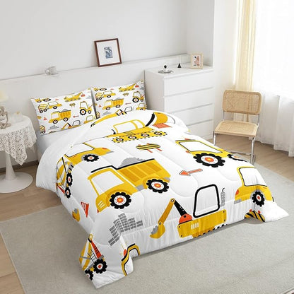 Feelyou Cartoon Car Comforter Set Kids Construction Comforter for Boys Equipment Trucks Bedding Set Breathable Cartoon Yellow Car Excavator Tractor Duvet Set Room Decor Twin Size with 1 Pillow Case