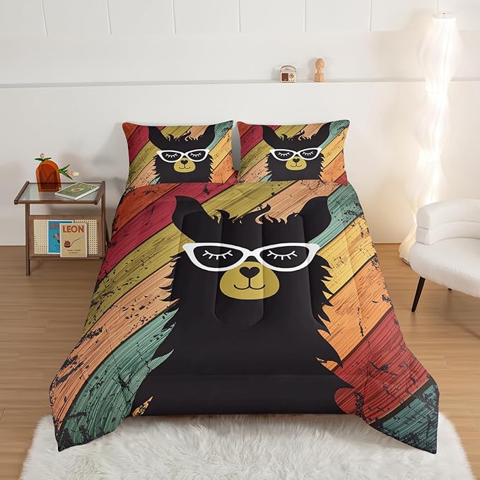 HOSIMA Llama Comforter with 2 Pillowcases Funny Room Decor,with Handsome Alpaca Pattern Vintage Colorful Wood Grain Bedding Set for Boys Girls Teens,Animal Bedding Full Size Comforter.