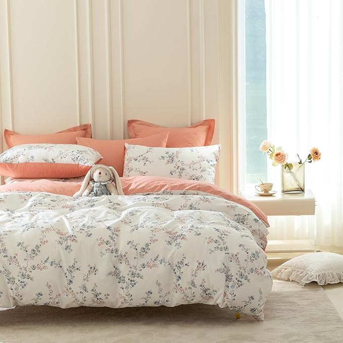 Floral King Duvet Cover, 100% Cotton Bedding Sets King, Reversible Floral Chic Vintage Fresh Style Printed Mini King Duvet Cover with Zipper Closure