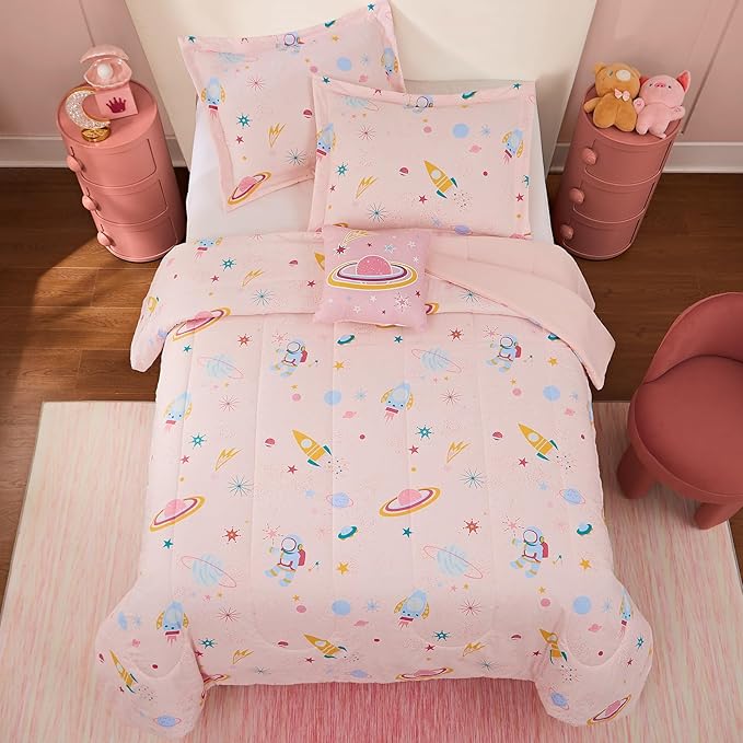 Full Size Comforter Set for Girls-4 Pieces Space Glow in The Dark Full Bedding Sets for Kids, 1 Comforter, 2 Shams and 1 Decor Pillow