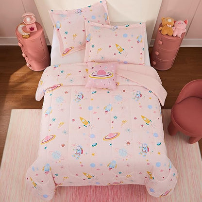 Full Size Comforter Set for Girls-4 Pieces Space Glow in The Dark Full Bedding Sets for Kids, 1 Comforter, 2 Shams and 1 Decor Pillow