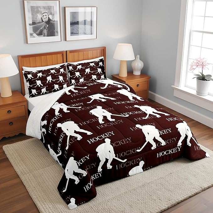 Castle Fairy Ice Hockey Full Size Comforter Set,Red Brown Hockey Player Bedding Set for Adults Teens,Children Winter Sports Comforter Luxury Hockey Sports Event Quilt Set Room Decor 3Pcs