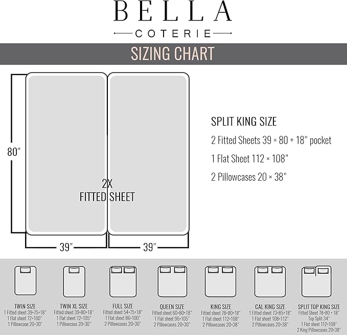 Bella Coterie Luxury Bamboo Viscose Split King Size Sheet Set | 2 Fitted Sheets for Sleep Number & Adjustable Beds | 100% Organically Grown | Cooling & Ultra Soft | 18” Deep Pocket [Dusty Rose]