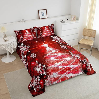 Feelyou Christmas Tree Comforter Set for Children Kids Boys Girls Luxury Chic Xmas Theme Bedding Set Glitter Snowflake Star Comforter Microfiber Red Duvet Set Room Decor Quilt Set Toddler Size