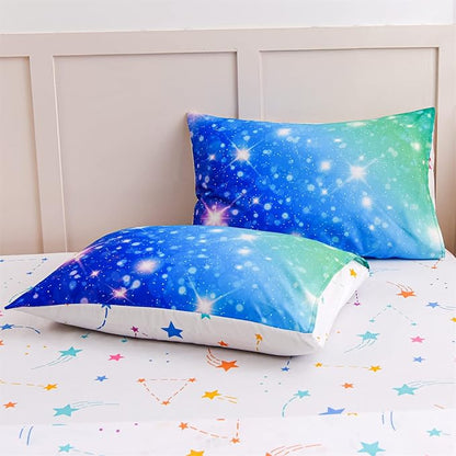A Nice Night 6Pcs Gradient Glitter Bedding Set for Girls, Colorful Rainbow Galaxy Comforter Set, Ultra Soft Bedding Sets (Blue-Green,Full 6Pcs)