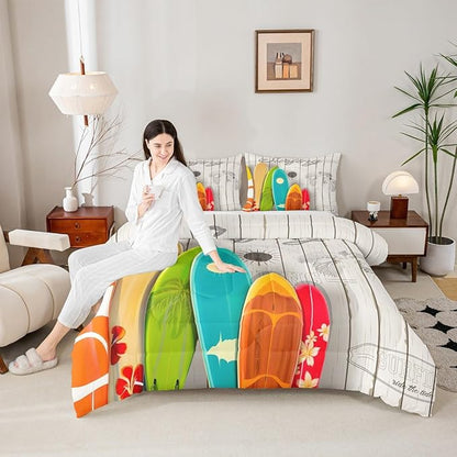 Colorful Surfing Bedding Set Full Size for Kids Boys Girls Home Room Decor,Hawaiian Ocean Style Comforter Set Rustic Farmhouse Barn Quilt Set Flower Sun Surfboard Bedspread,2 Pillowcases