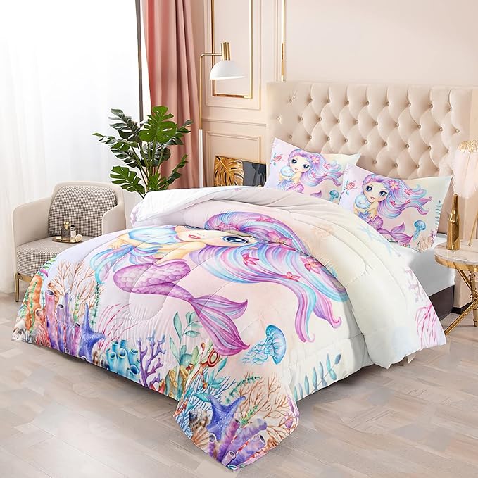 Mermaid Comforter Set Full Size Jellyfish Turtle Bedding Set Fish Grass Quilt Bed Set for Kid Girls with 1 Comforter and 2 Pillowcases