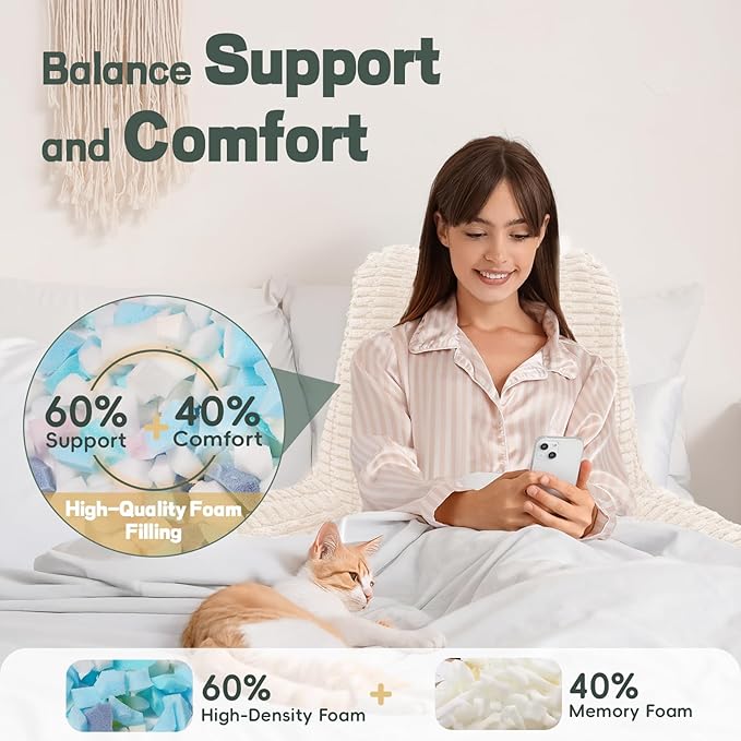 21" Higher Large Reading Pillow for Bed Adult, Back Pillow for Bed Sitting Up with Memory Foam Back Support with Arms Rest for Couch Chair Beige