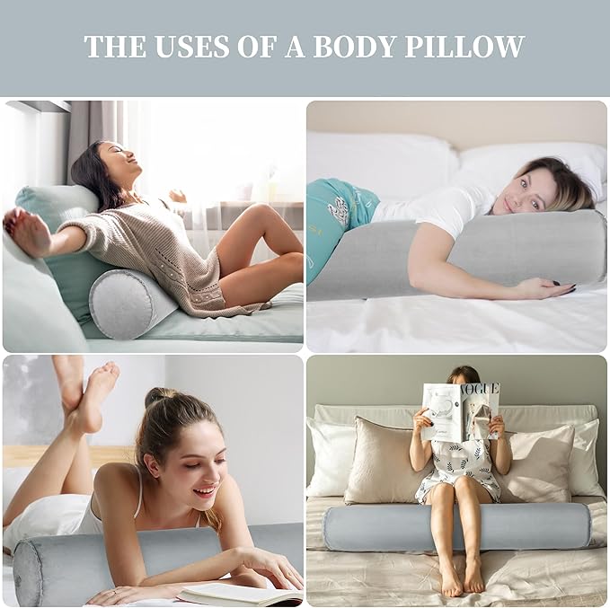 ONTYZZ Inflatable Long Body Pillow, Long Pillow for Bed, Oval Bolster Pillow for Good Sleeping and Back/Neck Support, 2pcs Grey