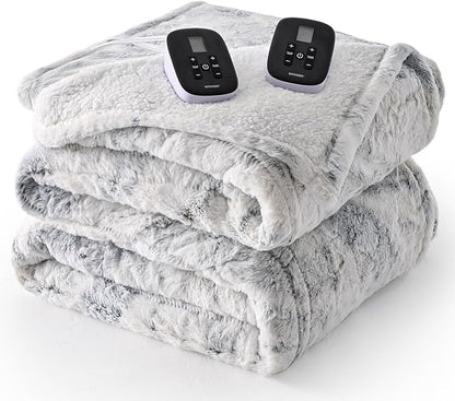 WOOMER Heated Blanket King Size Electric Blanket 90"x 100", Faux Fur Fast Heating, 10 Heating Levels & 0.5-12H Auto Off, Dual Control, Over-Heat Protection, ETL Certification
