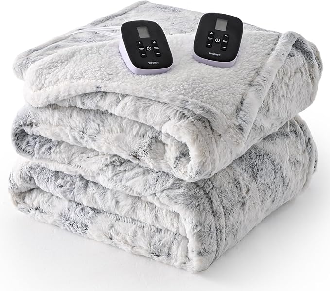 WOOMER Heated Blanket Queen Size Electric Blanket 84"x 90", Faux Fur Fast Heating, 10 Heating Levels & 0.5-12H Auto Off, Dual Control, Over-Heat Protection, ETL Certification