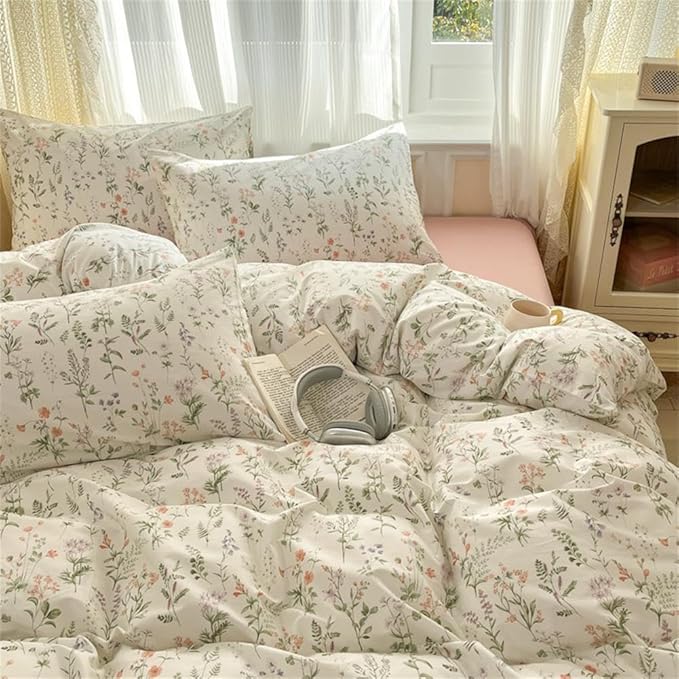 Floral Duvet Cover King Size Green Floral On White Bedding Set 3Pcs Spring Romantic Garden Botanical Reversible Cottagecore Comforter Cover with Zipper Closure and 2 Pillowcases