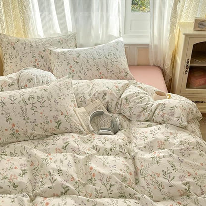 Floral Duvet Cover King Size Green Floral On White Bedding Set 3Pcs Spring Romantic Garden Botanical Reversible Cottagecore Comforter Cover with Zipper Closure and 2 Pillowcases