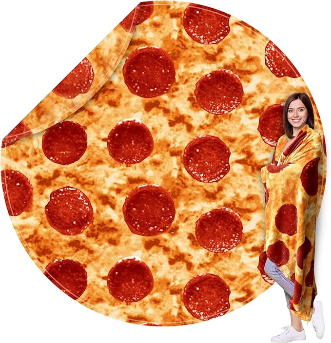 HDFK Pizza Blanket Adult Size, Round Food Blankets Funny Gifts Realistic Cheese Pepperoni Cozy Throw Double-Sided Short Plush Flannel Soft Fuzzy Novelty Red 71 inches for Couch Bed Lightweight