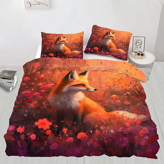 Red Fox Duvet Cover Oversized King Beautiful Wild Fox Bedding Set 3 Piece Bedroom Decor Fantasy Decorative Comforter Cover with Zipper Ties & 2 Pillowcases