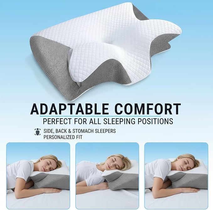2026 Upgrade Ergonomic Cervical Memory Foam Pillow,Cervical Pillow for Sleep Apnea for Side, Back & Stomach Sleepers – Breathable Contour Support, Soft Removable Washable Cover (Gray)
