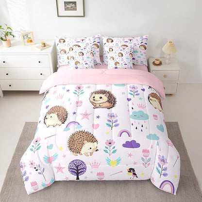 Erosebridal 7 Pieces Bed in a Bag Twin Bedding Set with Sheets,Floral Hedgehog Comforter Sets for All Season,1 Comforter, 2 Cushion Covers, 1 Flat Sheet, 1 Fitted Sheet, 2 Pillowcases