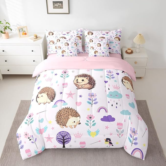 Erosebridal 7 Pieces Bed in a Bag Full Bedding Set with Sheets,Floral Hedgehog Comforter Sets for All Season,1 Comforter, 2 Cushion Covers, 1 Flat Sheet, 1 Fitted Sheet, 2 Pillowcases