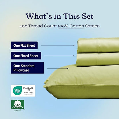 California Design Den Twin XL Sheet Sets - 400 Thread Count Sateen, 100% Cotton Sheets Twin XL, Deep Pockets, and Durable Bedding for Dorm Rooms & Adults - Celery Green