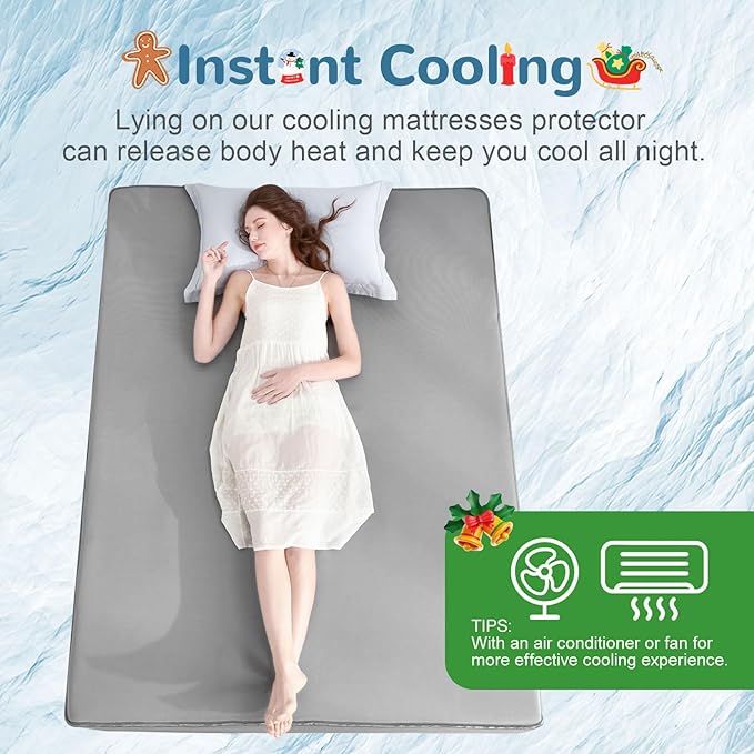 Ailemei Direct Cooling Thin Mattress Pad, California King Size Mattress Topper for Hot Sleepers, with a Deep Pocket Fits 16" Mattresses,Cool Fitted Sheets for Bed,Summer Cooling System,Gray,72"x84"