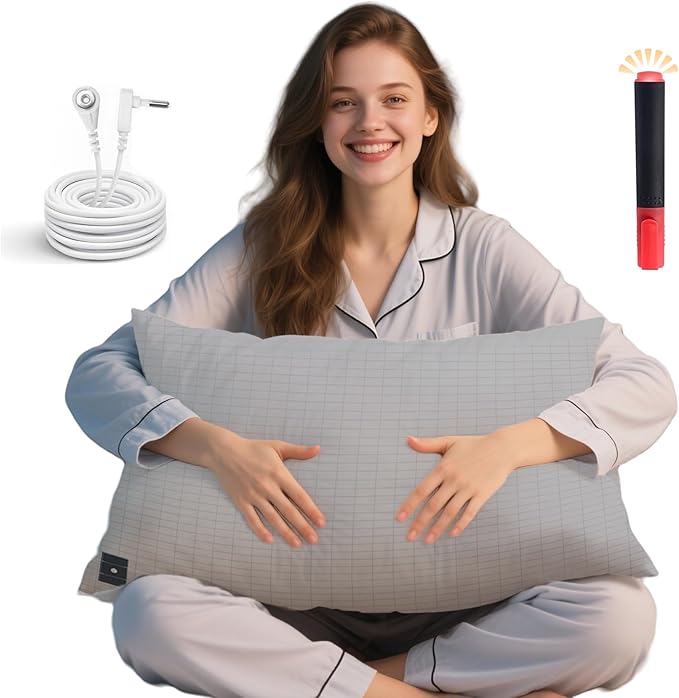 Ali King Grounding Pillowcase, 5% Conductive Silver + 95% Soft Cotton Queen Size Earth Grounding Pillow Cases with Grounding Cord for Improve Sleep (Light Grey, Queen (20x30inches))