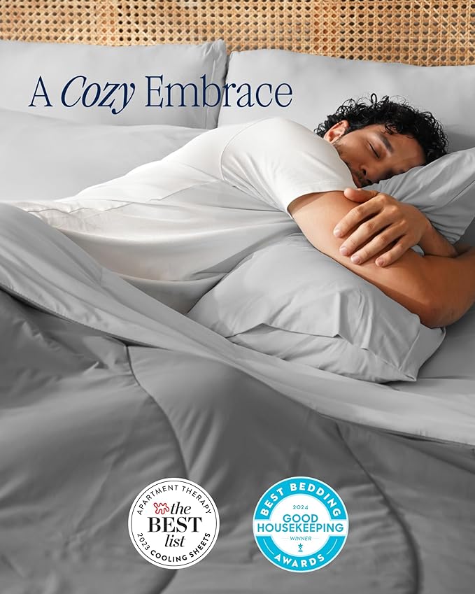 REST® Evercool®+ Cooling Comforter Set, Queen, Light Gray, 4pcs with Cooling Blanket, Wrinkle-Free Deep Pocket Fitted Sheet, 2 Silver-Infused Pillowcases for Skin and Hair Bed Set for Ultra Comfort