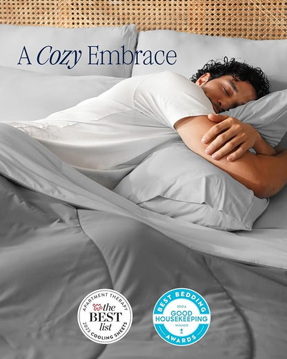 REST® Evercool®+ Cooling Comforter Set, Queen, Light Gray, 4pcs with Cooling Blanket, Wrinkle-Free Deep Pocket Fitted Sheet, 2 Silver-Infused Pillowcases for Skin and Hair Bed Set for Ultra Comfort