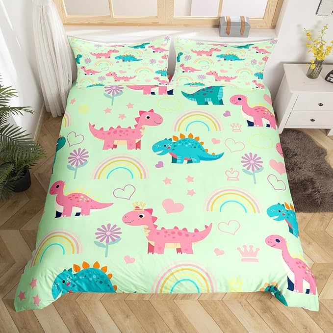 Kawaii Dino Full Size Duvet Cover Set,Cute Rainbow Floral Love Heart Reversible Comforter Cover with 2 Pillowcases,Pink Green Dinosaur Lovely Animal Breathable Bedding Set (Not Comforter)