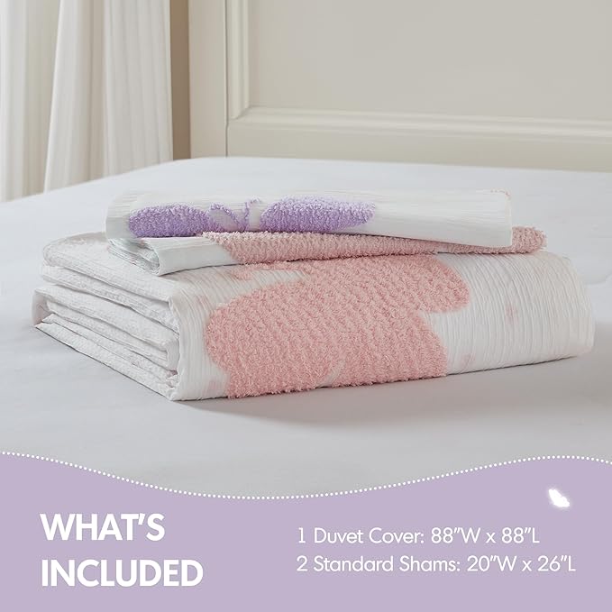 Intelligent Design Kids Rio Full/Queen Duvet Set – Girls’ Reversible Tufted Chenille Bedding with Pastel Purple Butterflies and Pink Dot, 3pcs