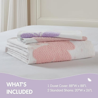Intelligent Design Kids Rio Full/Queen Duvet Set – Girls’ Reversible Tufted Chenille Bedding with Pastel Purple Butterflies and Pink Dot, 3pcs