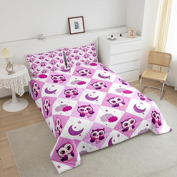 Castle Fairy Cartoon Owl Comforter Set Queen Size Hand Drawn Star Moon Bedding Set Kids Boys Girls Kawaii Jungle Animal All Season Quilt Set Pink Violet Checkered Plaid Bedding Comforter Sets,3Pcs