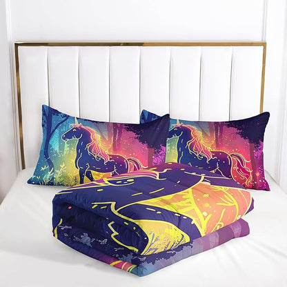 Queen Size Unicorn Bedding Set, Cute Unicorn Yellow Line Design Duvet Set for Kids Girls, Dreamy Minimalist Style Quilt for Bedroom Recor