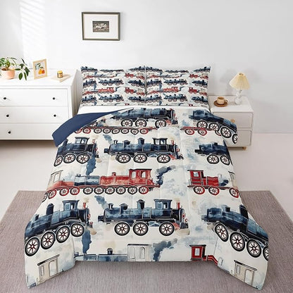 Vintage Steam Train Kids Comforter Set - Locomotive Print Retro Car Twin Bedding Sets - Cartoon Railway Vehicles Bed Set Colorful Steam Engine Train Duvet Insert Gifts For Kids Boys Home Decor