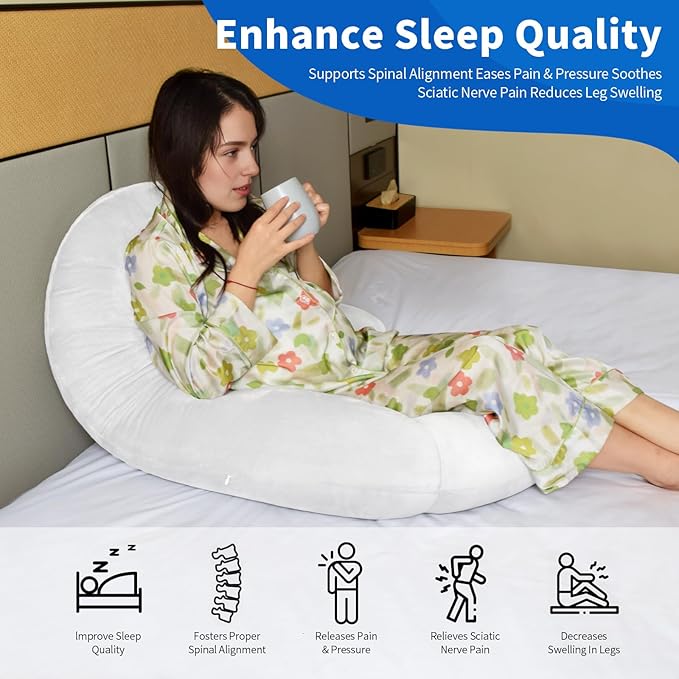 Pozico U-Shaped Full Body Pillow for Side Sleepers – 51-Inch Body Pillow with Ear Piercing Design – Cooling Pregnancy Pillow Orthopedic Support for Back, Neck & Hip – Soft Washable Velvet Cover