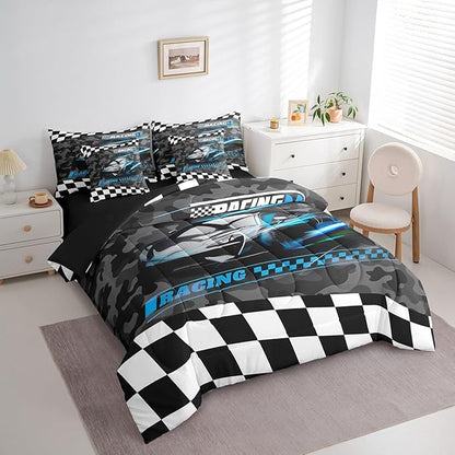 Feelyou Blue Racing Car 7 Piece Bedding Set Queen Size Kids Boys Speed Race Car Comforter Set with Sheets for Teens Toddler Extreme Sports Bed in a Bag Camouflage Bed Set
