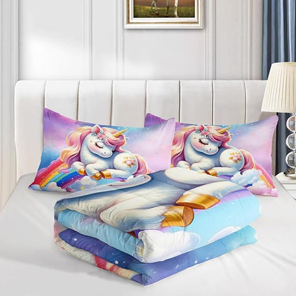 Pink Blue Unicorn Comforter 3pcs Twin Kids Clouds Rainbow Flowers Quilt Boys Girls Bedding Set Cute Printed Fantasy Room Decor Bed Set with 1 Comforter and 2 Pillowcases