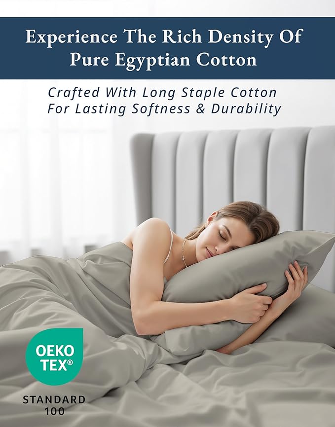 100% Egyptian Cotton Sheets Queen Size Set – Silky Sateen Weave for Winter Comfort, 15" Secure Fit Deep Pocket Queen Sheet Set, Naturally Breathable, Hotel-Quality Soft Luxury You Can Feel - Silver