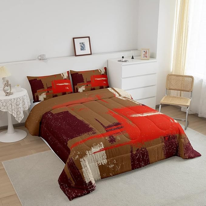 Feelyou Abstract Bedding Set Comforter Set for Kids Boys Girls Teens Room Decor Modern Abstract Art Comforter Brown Orange Duvet Set 3Pcs Full Size