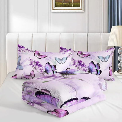 Lavender Butterfly Comforter Set for Girl Kid Adult Colorful Butterfly Pattern Bedding Set Aesthetics Butterflies Quilt Bed Set Twin Size with 1 Comforter and 2 Pillowcases