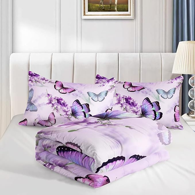 Lavender Butterfly Comforter Set for Girl Kid Adult Colorful Butterfly Pattern Bedding Set Aesthetics Butterflies Quilt Bed Set Queen Size with 1 Comforter and 2 Pillowcases