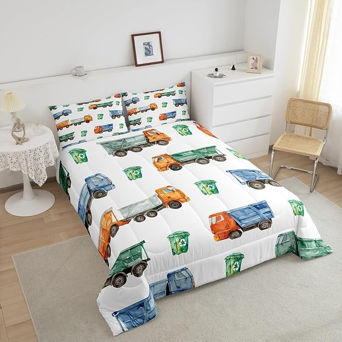 Erosebridal Toddler Bedding Set Garbage Trucks Comforter Set Vintage Watercolor Garbage and Trash Truck Bedding Comforter Sets Twin for Boys Girls Refuse Classification Trash Vehicles Bed Set